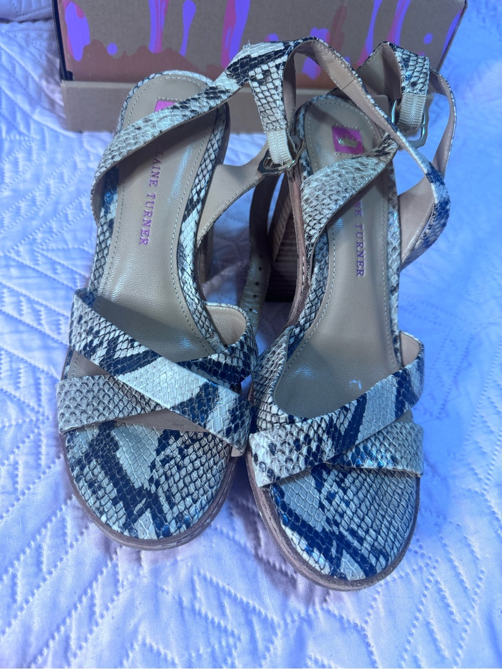 Elaine Turner Snake-Print Strappy Heels in Black and Cream
